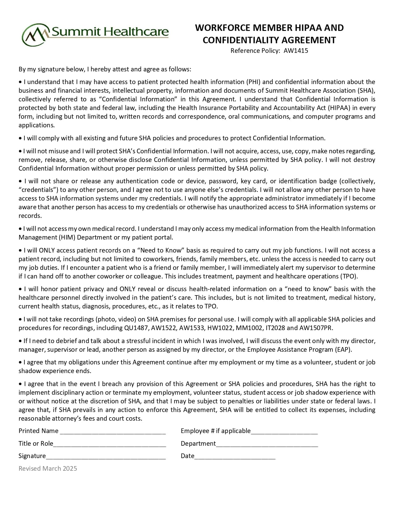 Workforce Member HIPAA Confidentiality Agreement March 2025 page 0001