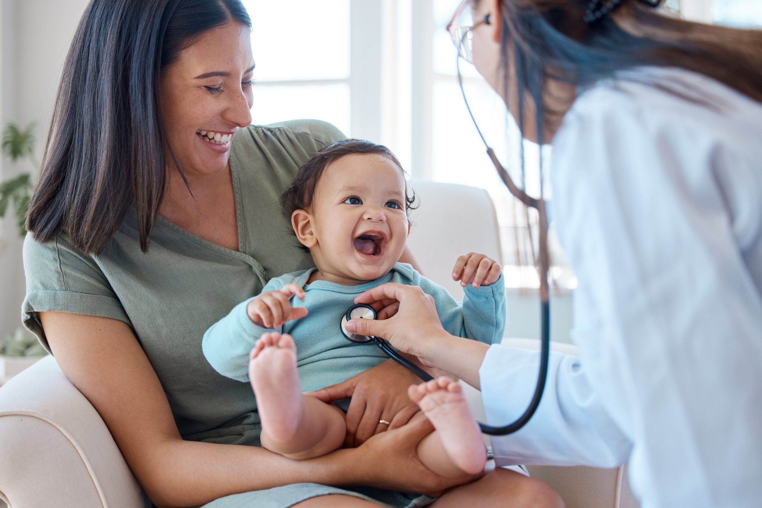 Mother,,Baby,And,Stethoscope,Of,Pediatrician,For,Healthcare,Consulting,,Check